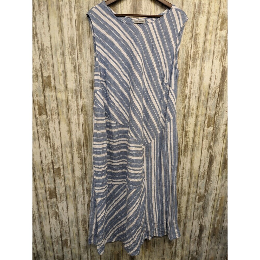 Catherines Linen Midi Dress Blue White Sleeveless Stripe Lagenlook Beachy 2X